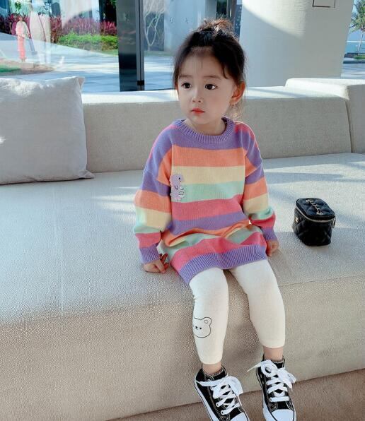 虹ワンピース 子供セーター ボーダー 秋冬キッズ 韓国ファッション
