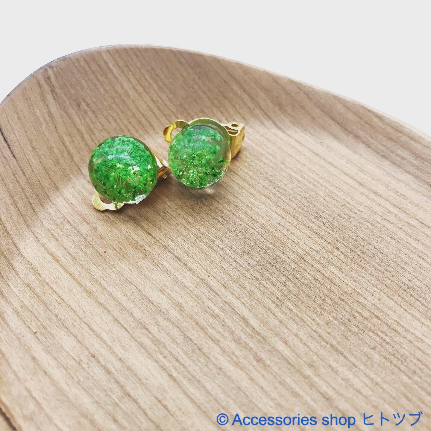 0145:グリーンドライフラワーの球体イヤークリップ