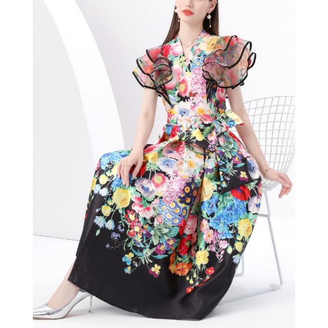 フラワーボリュームスリーブアートワンピース L1205