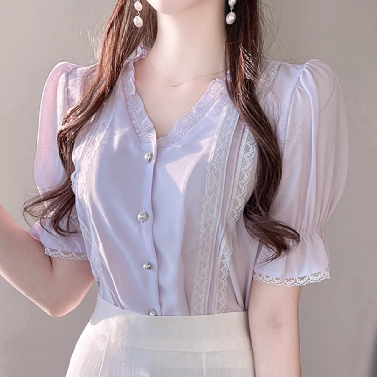 パールボタンシフォンブラウス Me0123
