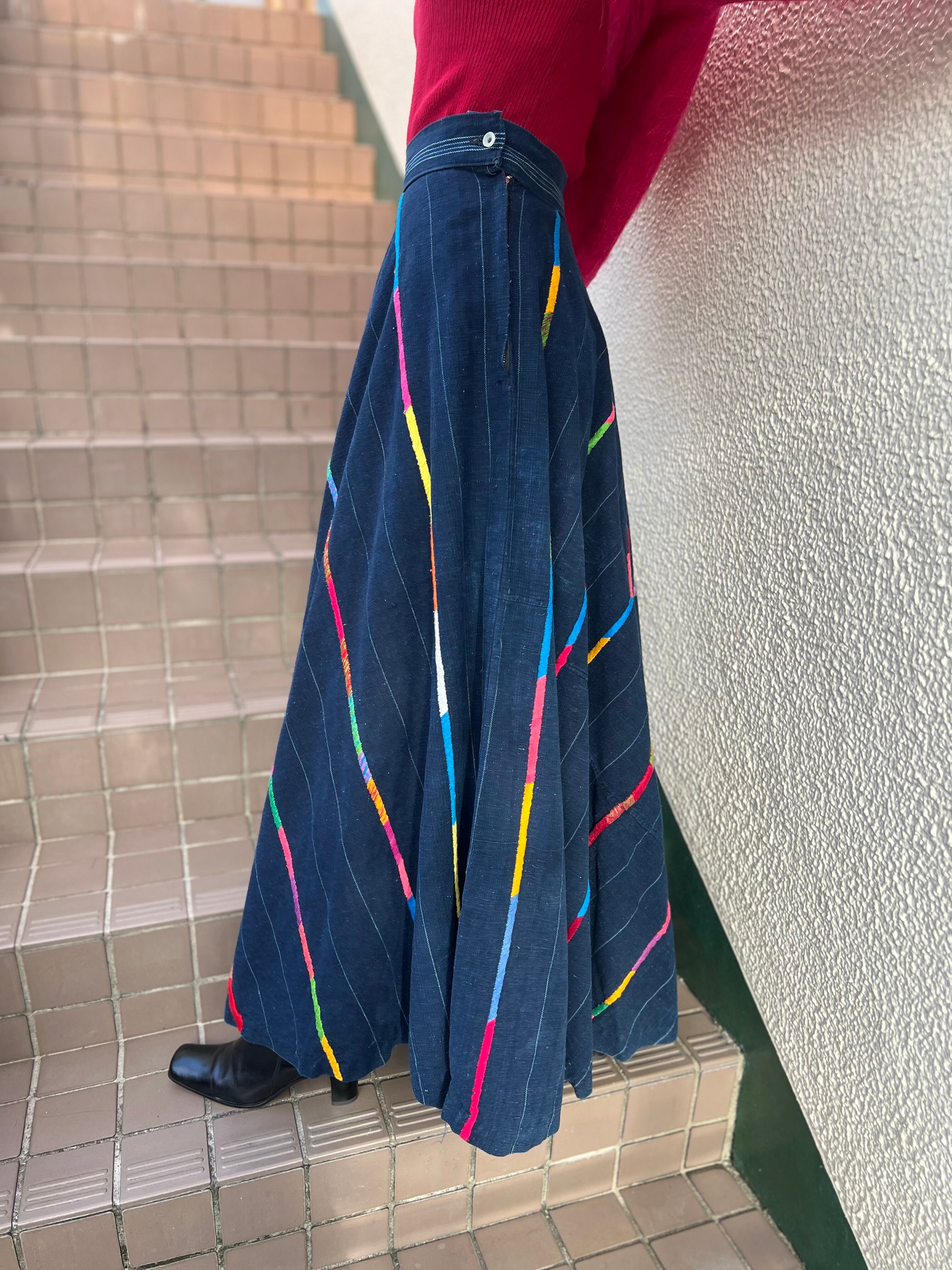 Vintage denim × rainbow embroidery long skirt ( ヴィンテージ Vintage denim × rainbow embroidery long skirt ( ヴィンテージ