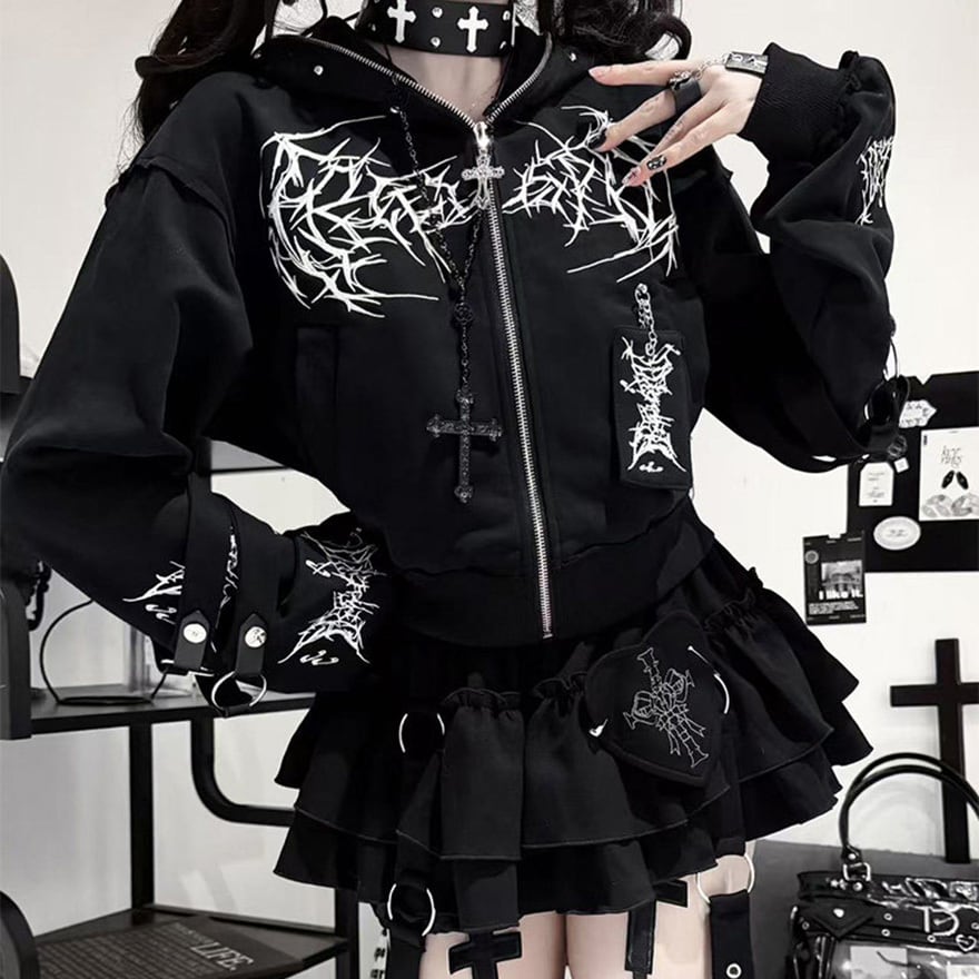 ゴスロリサブカル 十字架チェーンジップパーカー 推し活ライブ参戦服