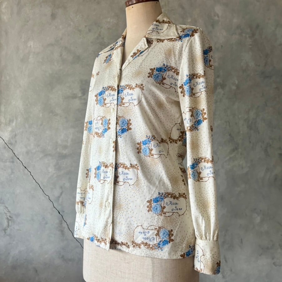 ブルーバラ柄オープンカラーシャツ