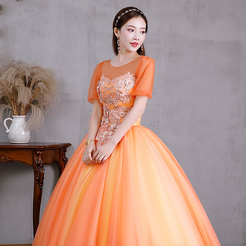 美品！パーティードレス オレンジ ソフトチュール フレアスカート 優雅なシルエット 憧れのドレス 華やか シアーな美しさ