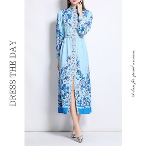 スタンドカラーフラワーシャツドレス D0034