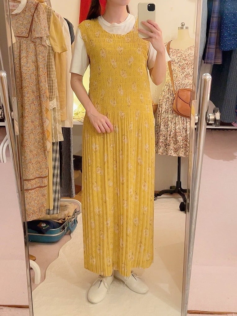 mustard yellow shirring sleeve less one-piece