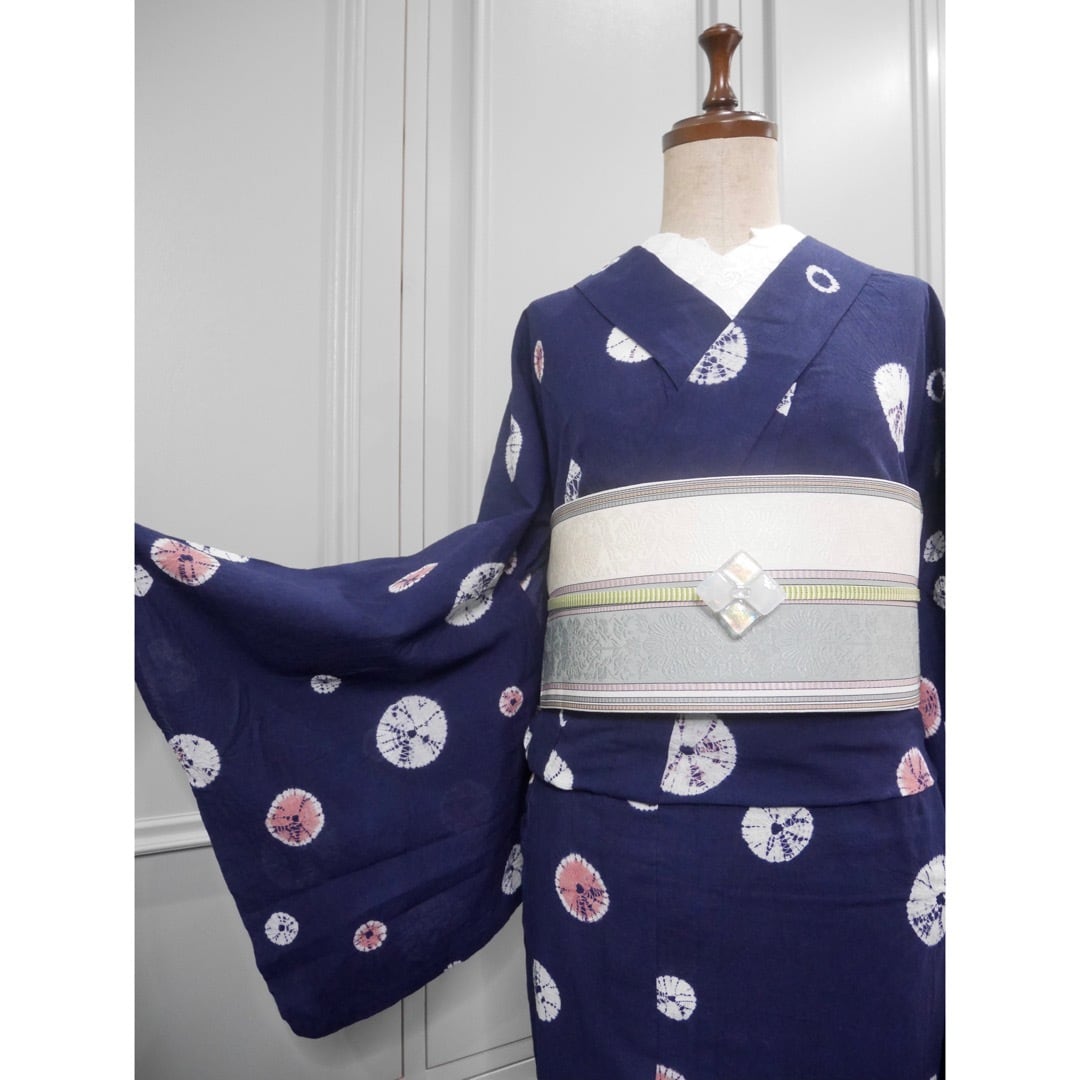 ロング＊有松鳴海絞り浴衣＊藍染 ハッカ×いちごドロップ 0369 | kimono