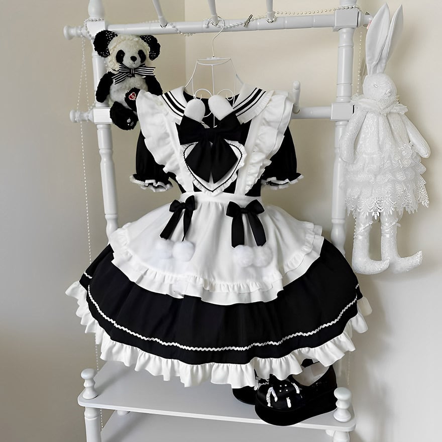 セーラーメイド服 うさ耳 ワンピ エプロン 継袖 制服ワンピ コンカフェ
