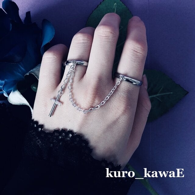 期間限定出品【未使用】BPNゴシック風 十字架デザイン リング クロスのチェーンリング 】十字架 ロザリオ リング チェーン ユニ