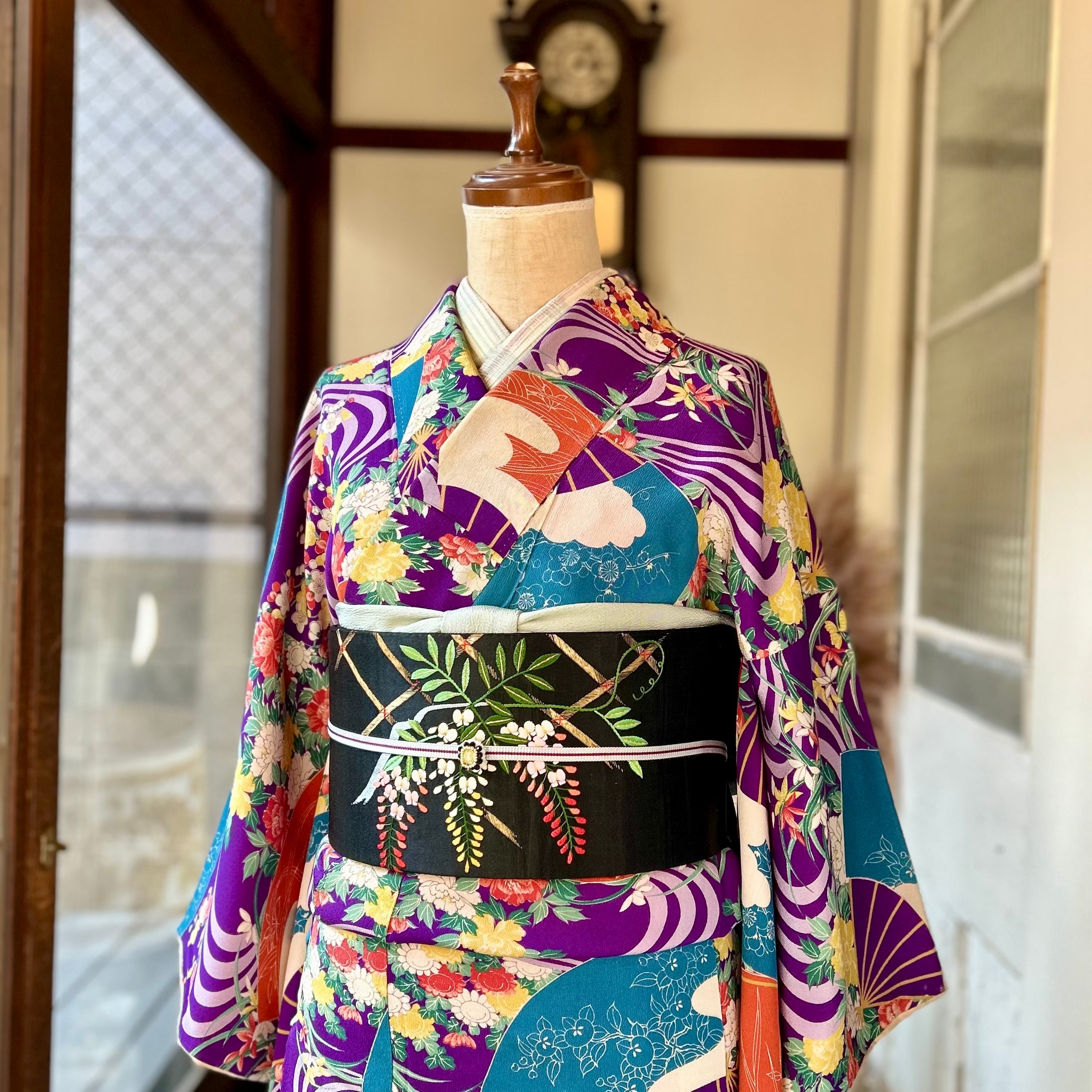アンティーク　キモノ◇　羽織　長サイズ　ブルー　華模様　時代物　身丈98　裄60.5　リサイクル　中古品　 アンティーク着物】【賢く☆お値打ち！】 【創作友禅羽織】 お仕立て