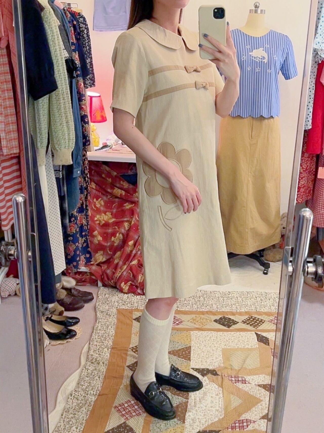 ribbon beige corduroy one-piece