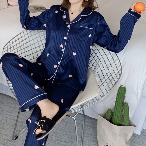 ストライプ ハート サテン シルク風 上下 セットアップ ルームウェア パジャマ 長袖パジャマ5349586