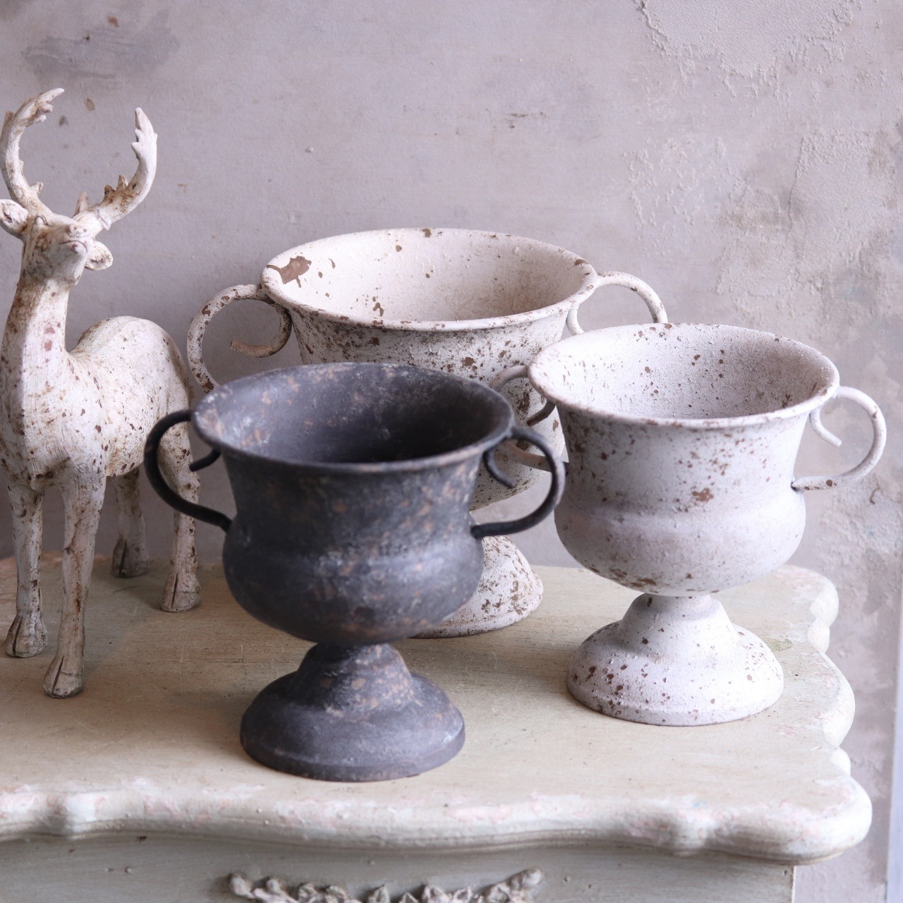 mondimanche ブリキ植木鉢　シャビーハンドルカップMW　UF656|1~2ポット植え込みのシャビーシックな鉢　お玄関がオシャレに変わります