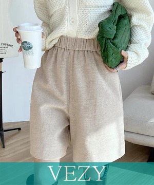 ウール風ハーフパンツ5分丈ワイドパンツ ハイウエストショートパンツ ウエストゴム 無地半ズボン オフィスカジュアル シンプルショーパン 着やせ春秋冬 パンツ スカート ベジー VEZY ItemNo.【20665111】