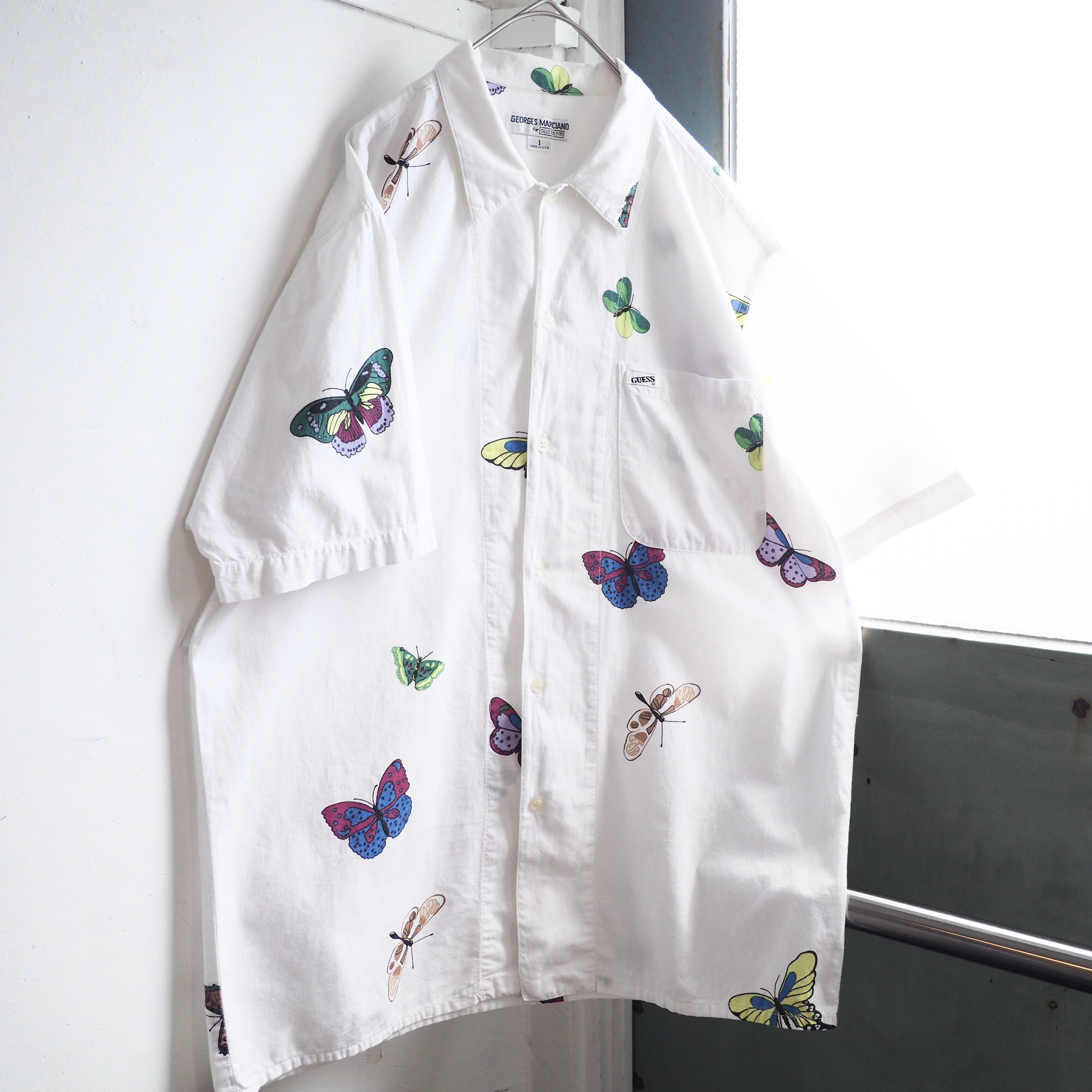 1990s ” Georges Marciano for GUESS ” Butterfly printed cotton SS shirt (made in Usa)