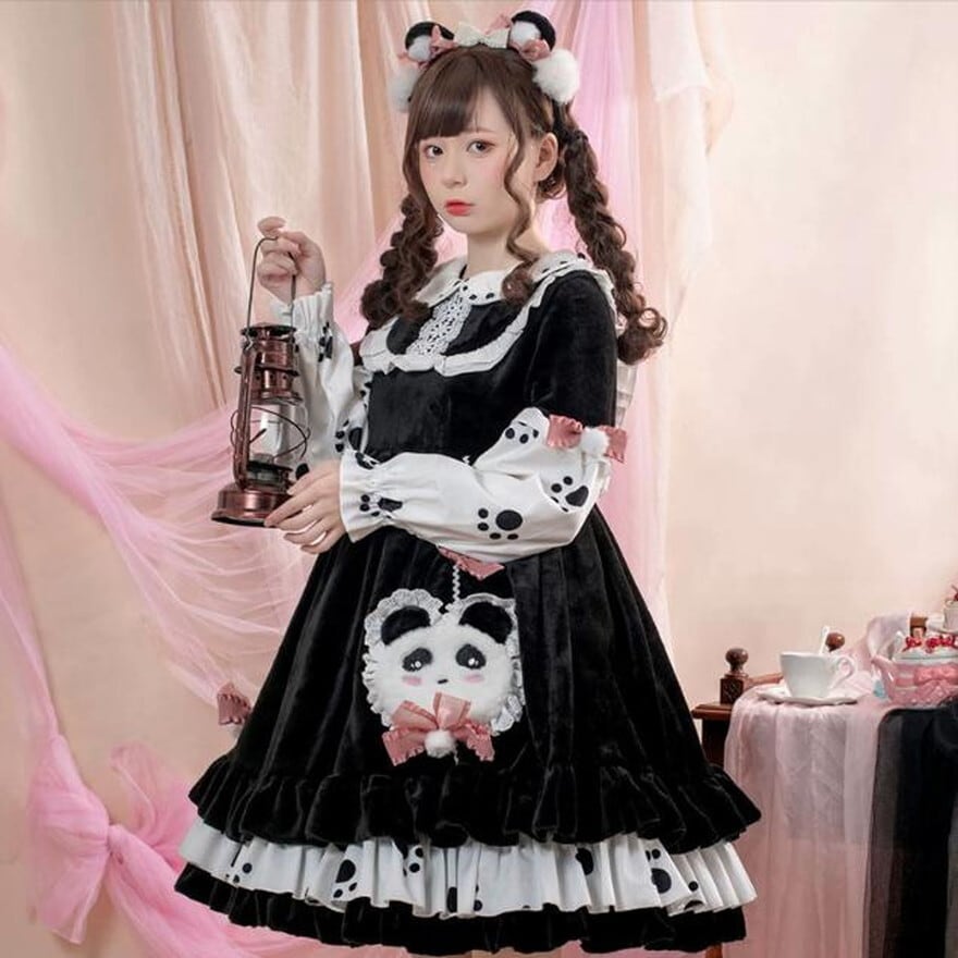 サブカル 服 地雷系 通販 スイートロリータ 長袖 パンダ ベルベット チャイナ風 かわいい ガーリー 甘め ロロリィタ 服 ろりーた 服