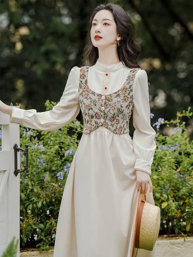 【0180】2sets Flower Vest Long Sleeve Dress