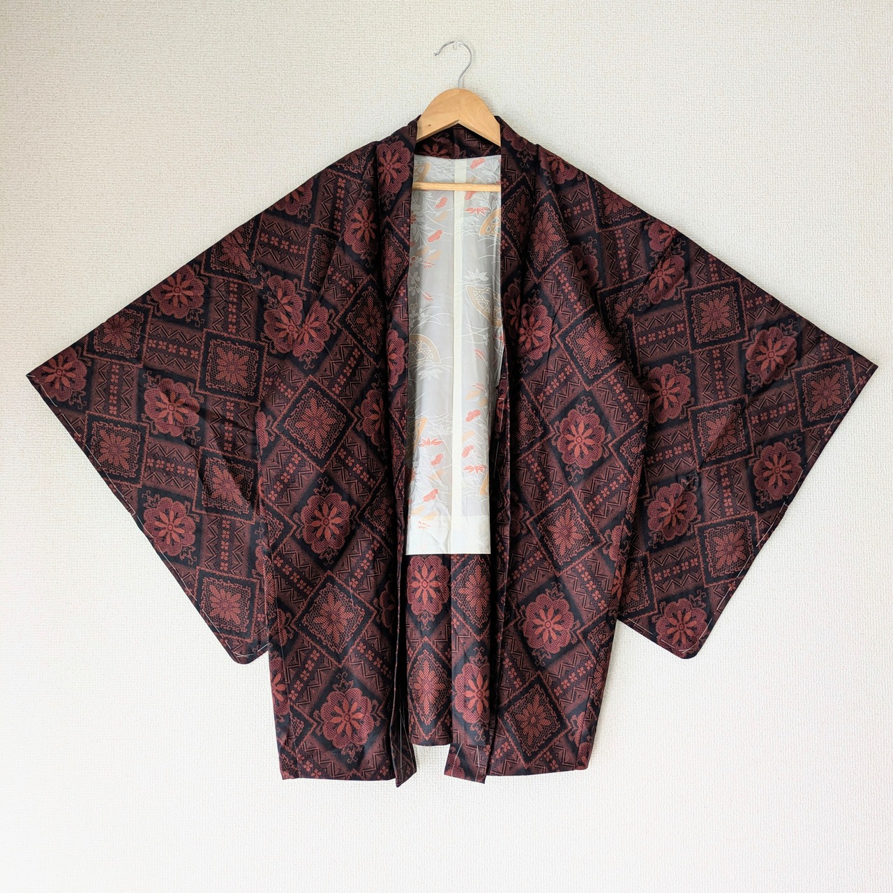 Vintage】HAORI 長羽織 羽織 正絹 紬 赤 黒 花菱 シルク 大正浪漫 和洋 