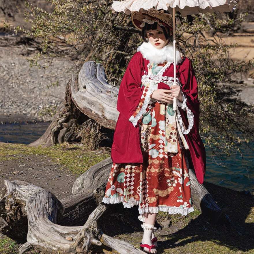 SEASONZ 国内発送 和風ロリータ 和ロリ 着物 振袖 柄物 和装 2点 フルセット バーガンディ ジャンパースカート リボン カチューシャ 花柄 大正浪漫