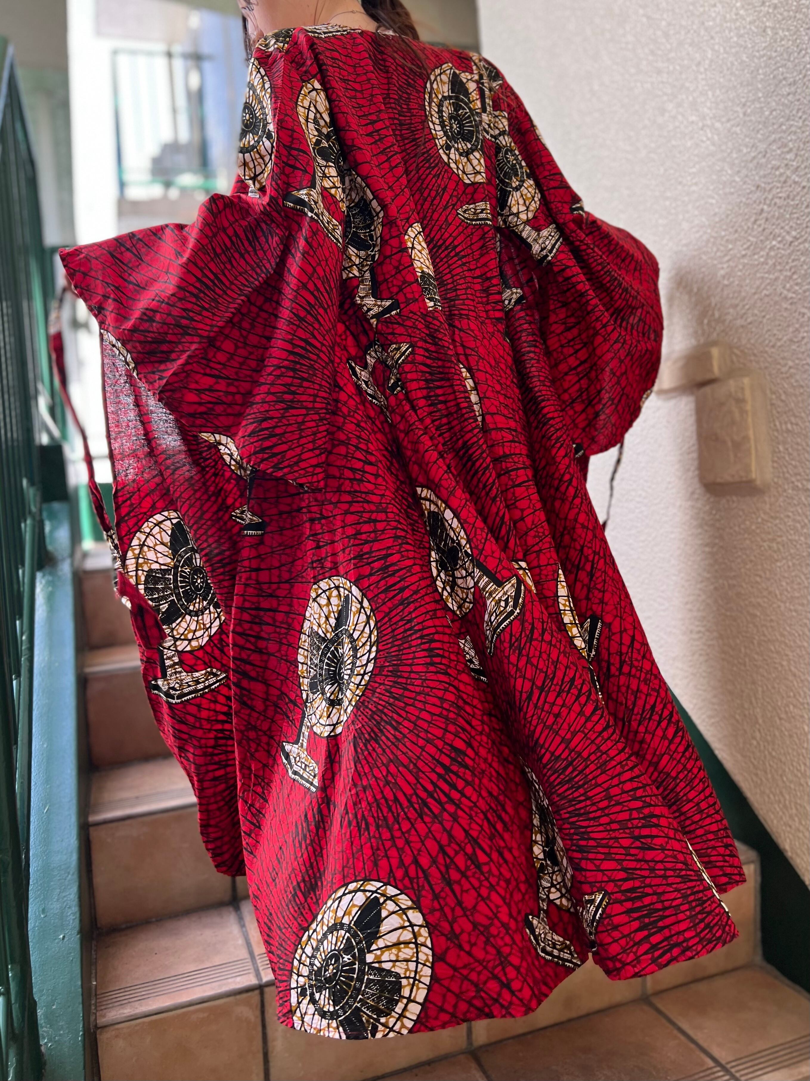 Vintage African Batik Red Fan Wrap Dress ヴィンテージ アフリカンバティック レッド 扇風機 ラップ ワンピース Riyad Vintage Shop