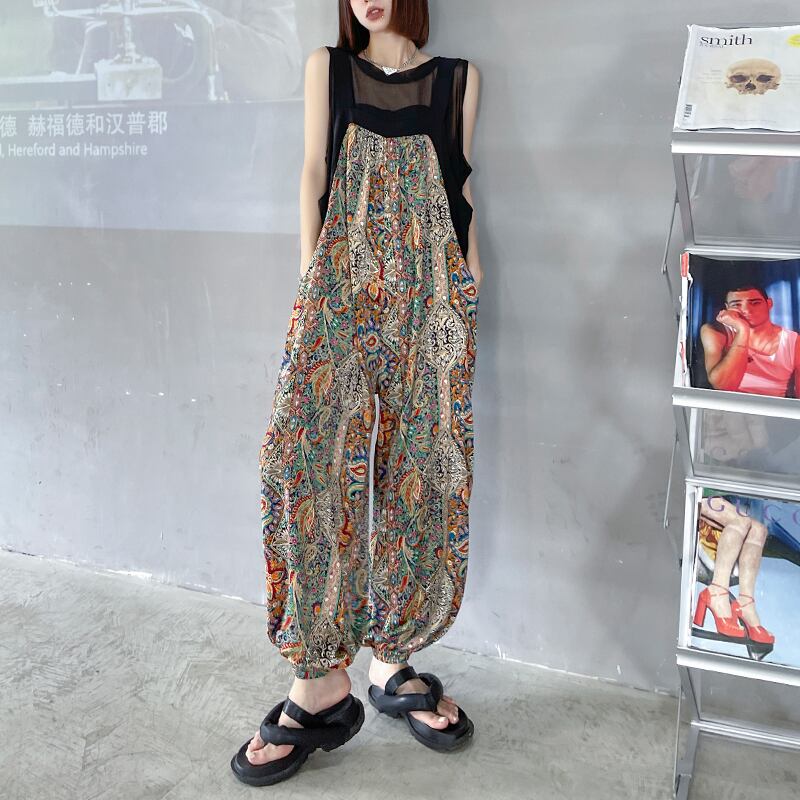 ルーズオーバーオール レディースサマー薄手カラーパターンパンツ 夏物 ラブタオタオダレンハウス98765009304