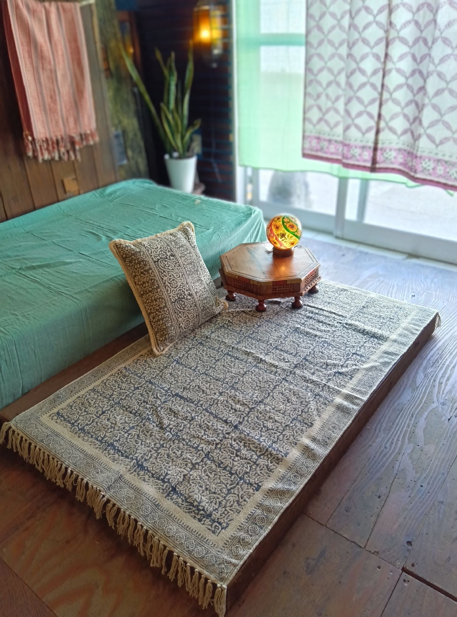インド綿 ラグ マット 90×150 ブロックプリント 木版染め モノトーン