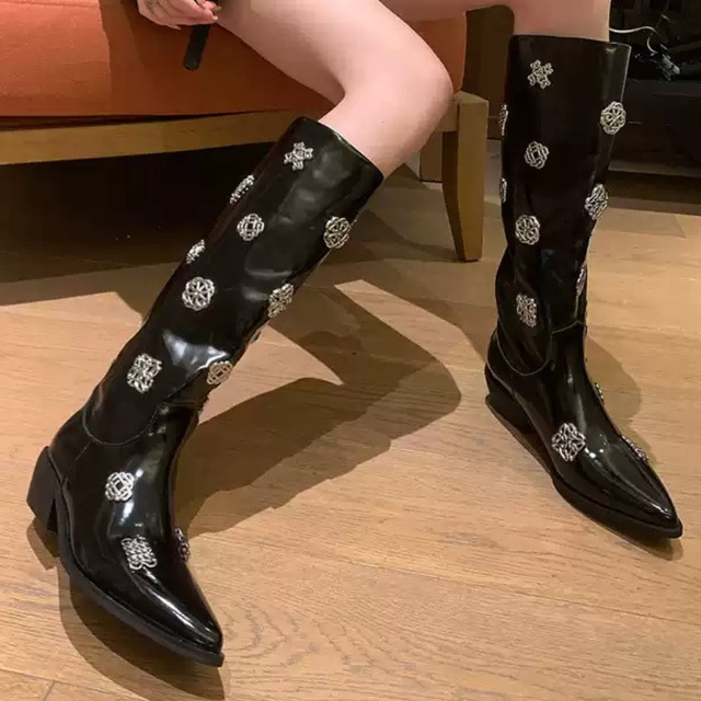 niche metal buckle black long boots 1047