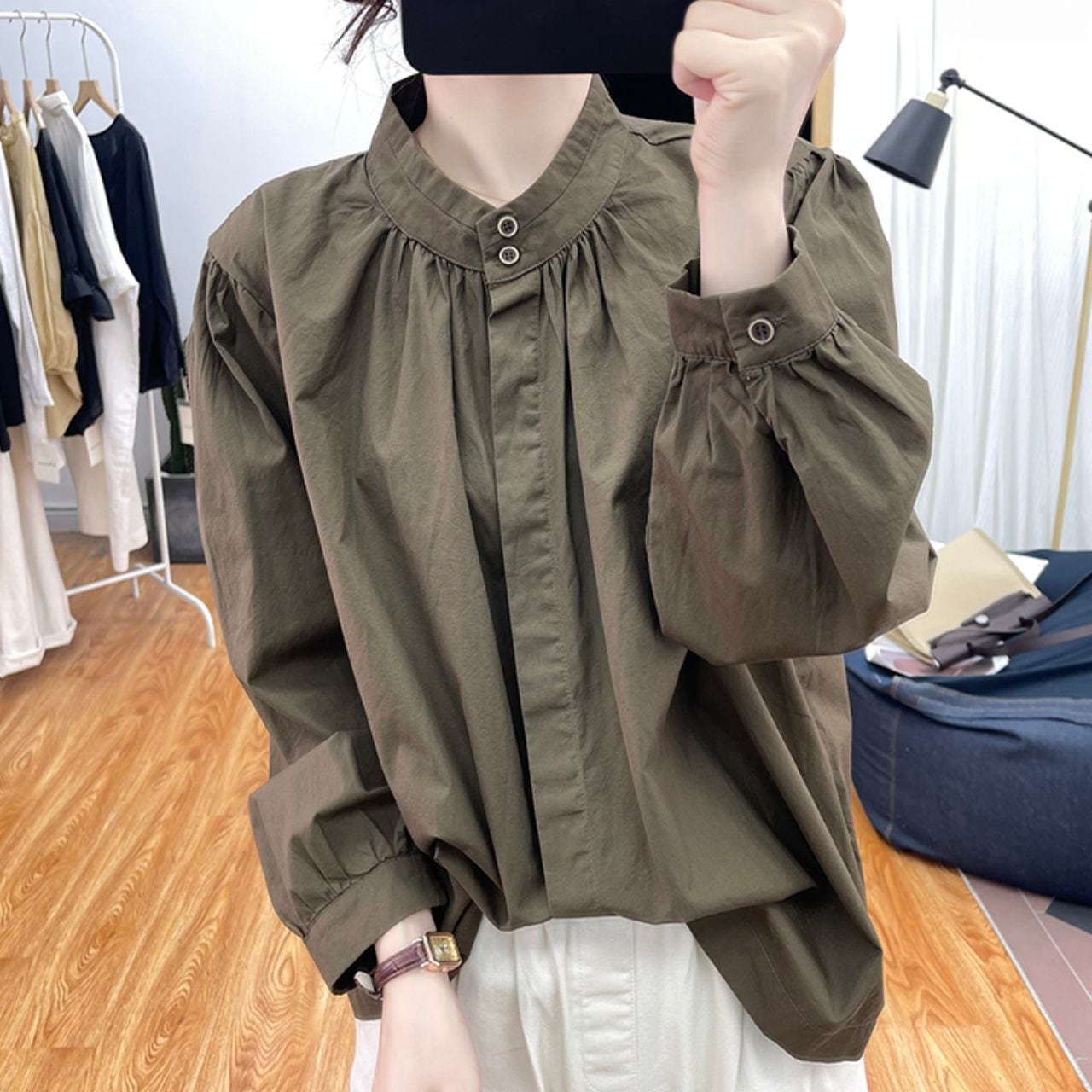 スタンドカラー ギャザーデザイン シャツ Ln00344