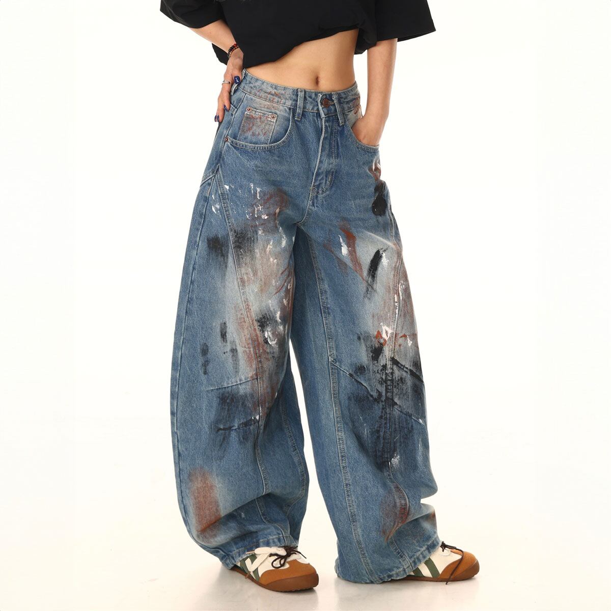 グランジペイントカジュアルワイドデニム R00965