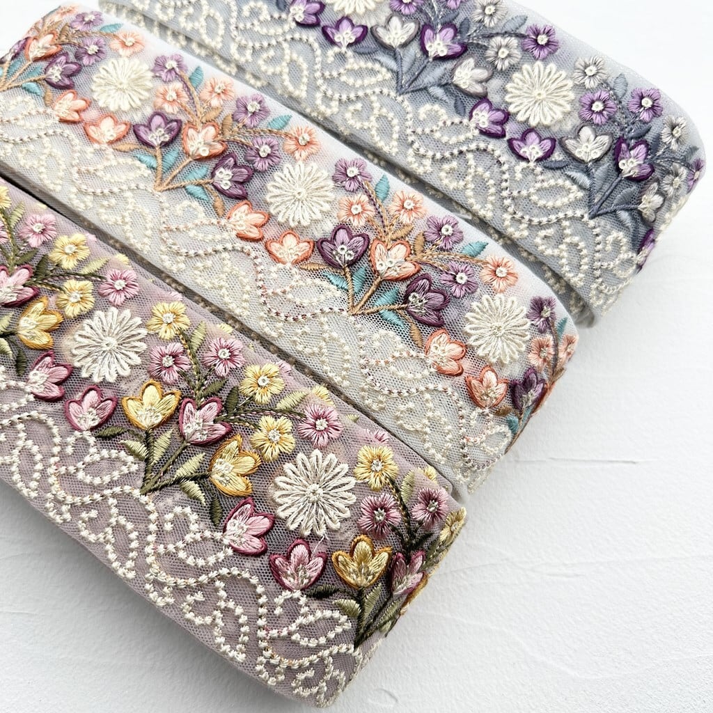 フローラルブーケ [パープル］インド刺繍リボン 1608 | インド刺繍