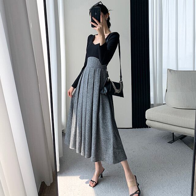 ワンピース レディース ロングワンピ 上品 きちんと感 ハイウエスト パフスリーブ ロング丈 半袖 フレア Aライン おしゃれ かわいい フェミニン 光沢感 お呼ばれ 卒業式 入学式 謝恩会 パーティ 結婚式 グレー バイカラー ブラック S/M/L/XL