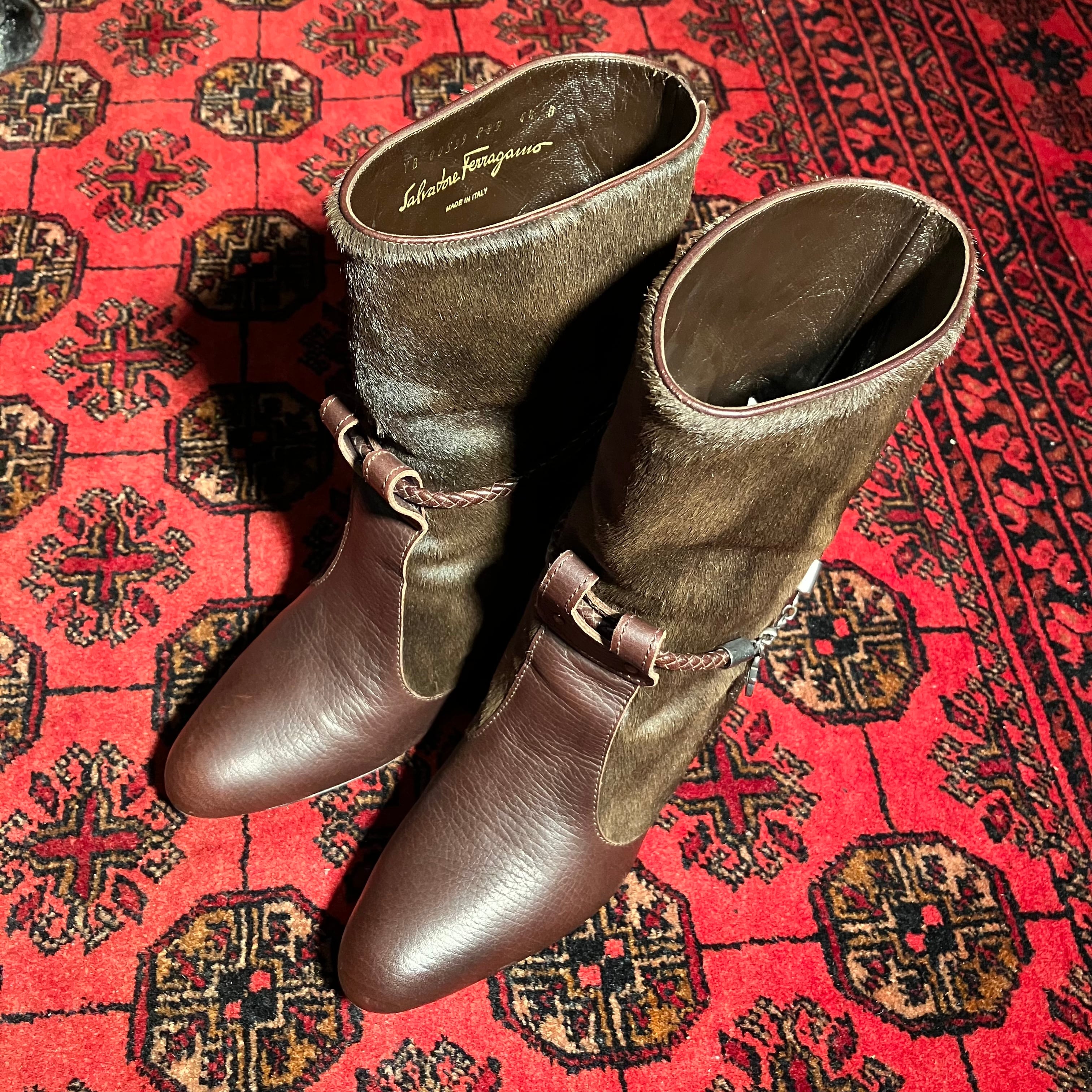 Salvatore Ferragamo LEATHER×BACK SKIN DESIGN BOOTS/サルヴァトーレ