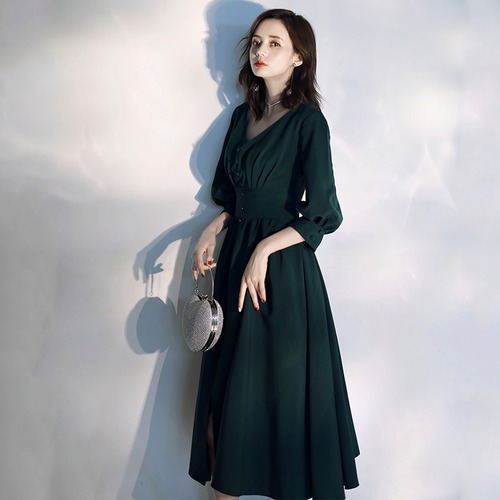ワンピース ドレス ミモレ丈 フレア フロントスリット くるみボタン 七分袖 Vネック パフスリーブ 上品 エレガント パーティ 結婚式 二次会 秋冬 レディース　BADB0122