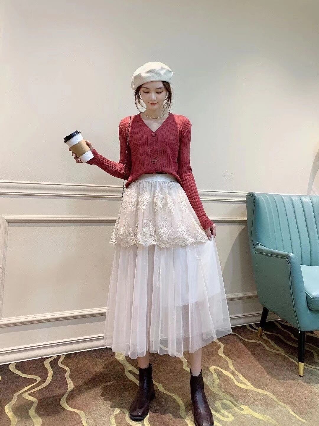 レース切り替えチュールスカート