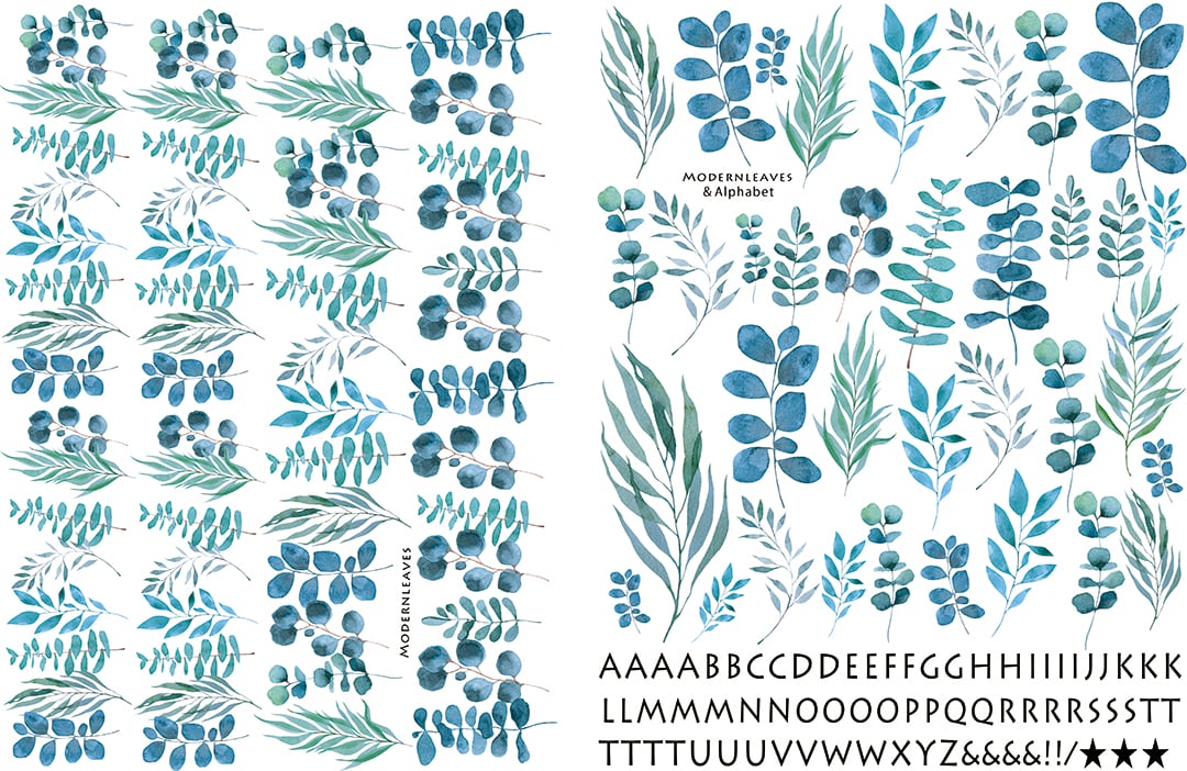 【set割引】2枚セット 水彩 モダンリーブス・アルファベット転写紙 (ポーセリンアート)