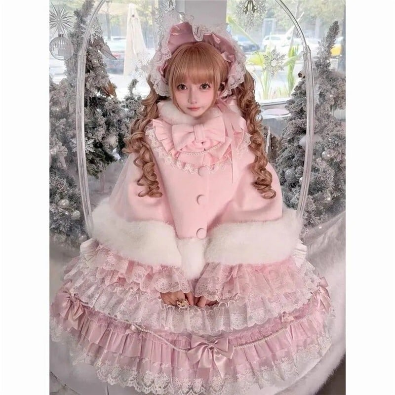 Myurina 猫耳リボン付きファーポンチョ 量産型アウター パステルカラー