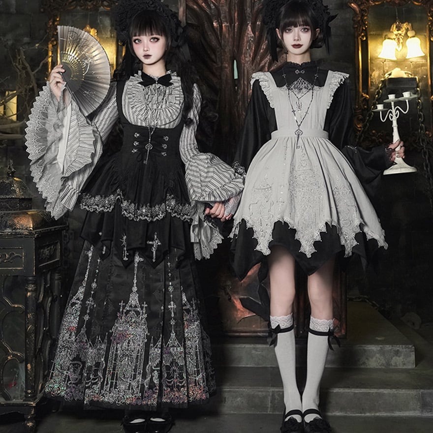 ゴスロリ 5点 セット ストライプブラウス ミニJSK フリル袖 黒白 ロリィタ 地雷系 PUJI