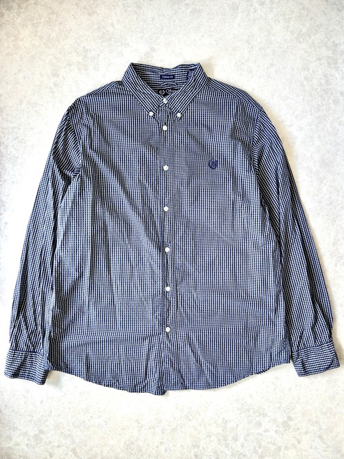 00s-10s CHAPS ミニチェック柄 長袖ボタンダウンシャツ L ネイビー×ホワイト チャップス カスタムフィット 刺繍ロゴ
