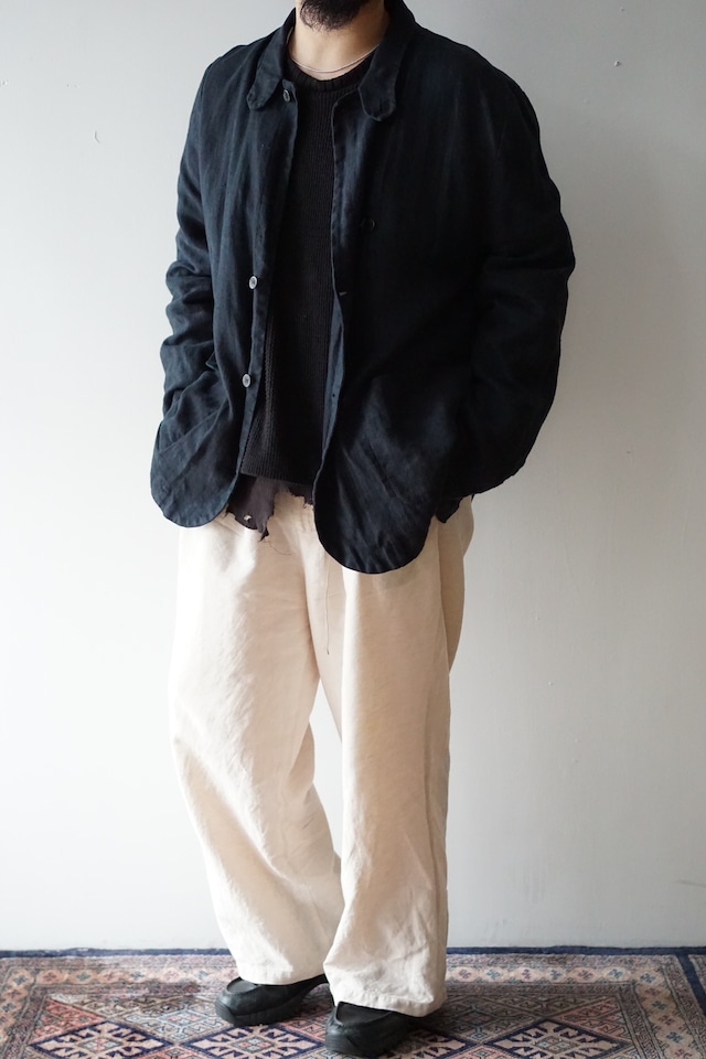 00’s hannes roether -Black Linen Stand Collar Jacket- / XXL / ユーロヴィンテージ ブラックリネン ジャケット