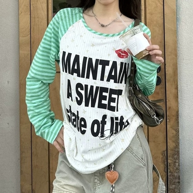 ボーダーラグランリッププリントロングスリーブTシャツ 2col R02471