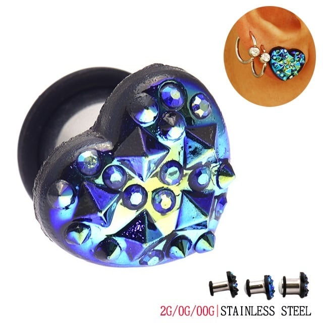 ボディピアス 2G 0G 00G メタリックブルー ハート シングルフレア ロブ