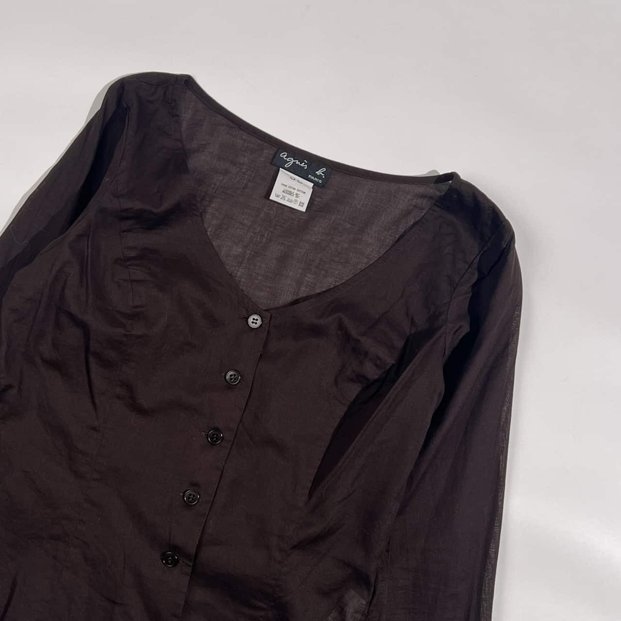 agnes b. アニエスベー フレアスリーブ シアー Vネック 長袖 ブラウス 36/ブラウン系 レディース