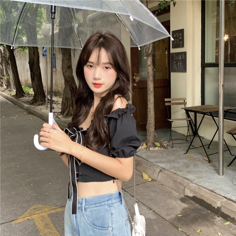 スタイルシャツ ブラウス サマー薄手カラーショート 夏物 オフショルダー 萌量不足73675027105