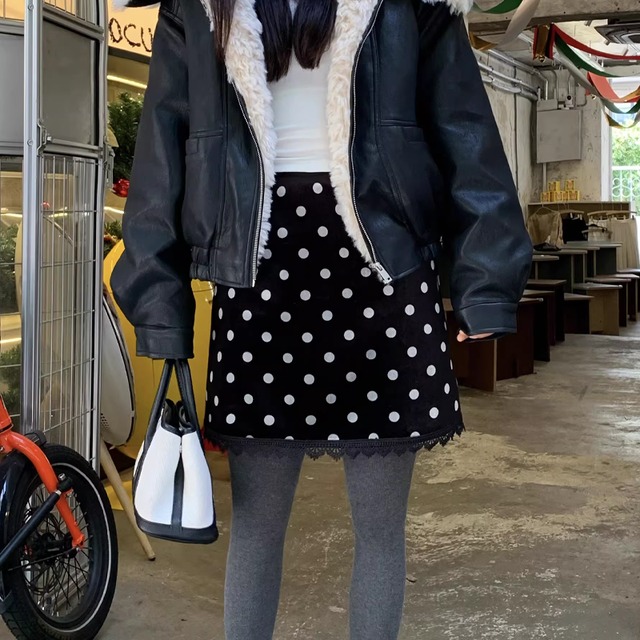 【bottoms】ドット柄ベルベットスカート Q7804