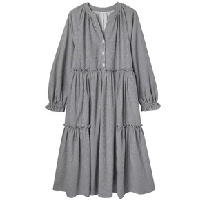 gingham check embroidered long shirt one-piece dress J00066