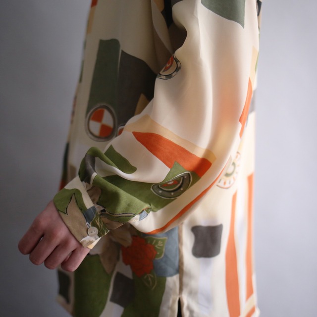 flower art pattern l/s open collar shirt