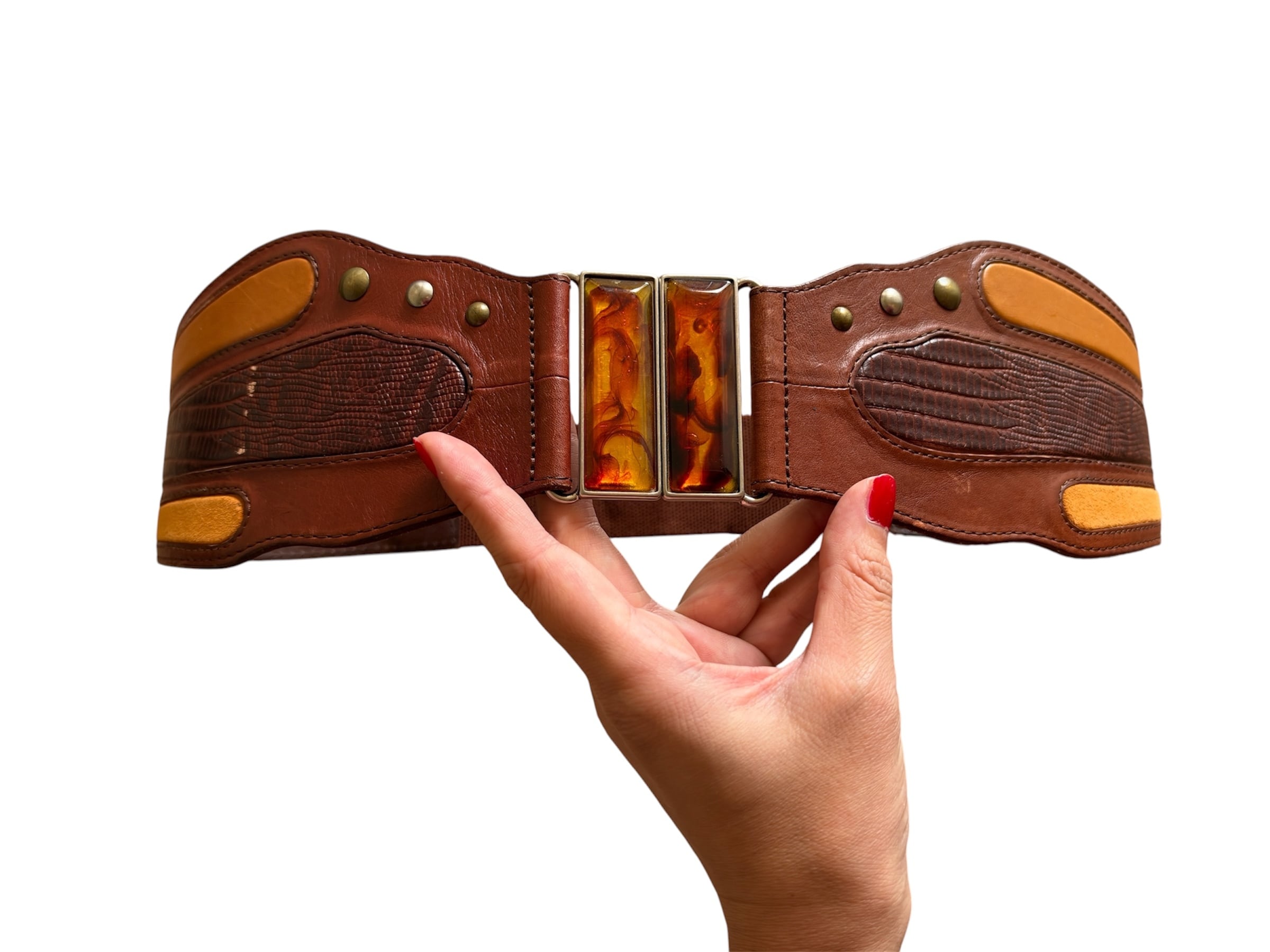 Vintage Brown Wide Elastic Belt with Decorative Buckle