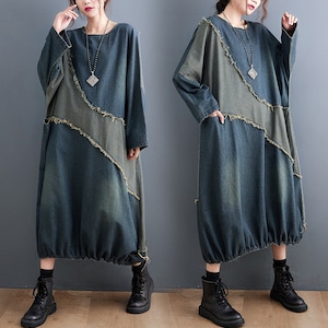 DENIM ROUND NECK LONG DRESS 1color M-4372