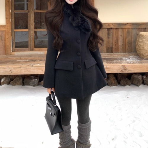 【2点セット】2色／ウールタッチノーカラーショートコート＋ファーマフラー ・73715