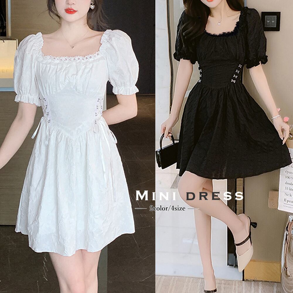 スクエアネック ミニワンピース無地パフ袖